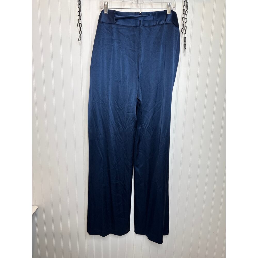 Halston Wide Leg Pants Navy Blue Satin Gorgeous High Waisted Belted Size 14 - Picture 2 of 8